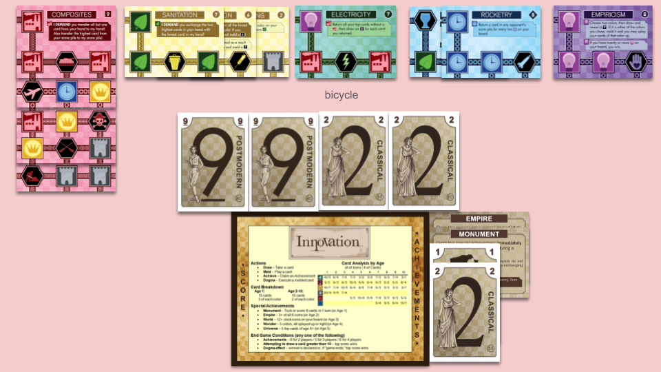 red cards: Construction, below Oars, below The Pirate Code, below Flight, below Composites, splayed up. yellow cards: Fermenting, below Vaccination, below Sanitation, splayed left. green cards: Bicycle, below Electricity, not splayed. blue cards: Pottery, below Rocketry, splayed right. purple cards: Empiricism, not splayed. hand: two 9s, two 2s. score pile: empty. achievements: Empire, Monument, 1, 2