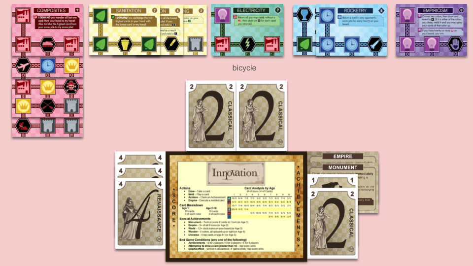 red cards: Construction, below Oars, below The Pirate Code, below Flight, below Composites, splayed up. yellow cards: Fermenting, below Vaccination, below Sanitation, splayed left. green cards: Bicycle, below Electricity, not splayed. blue cards: Pottery, below Rocketry, splayed right. purple cards: Empiricism, not splayed. hand: two 2s. score pile: three 4s. achievements: Empire, Monument, 1, 2