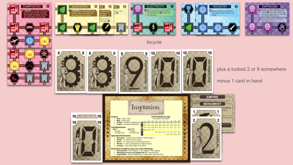 red cards: Construction, below Oars, below The Pirate Code, below Flight, below Composites, splayed up. yellow cards: Fermenting, below Vaccination, below Sanitation, splayed left. green cards: Bicycle, below Electricity, not splayed. blue cards: Pottery, below Rocketry, splayed right. purple cards: Empiricism, not splayed. also a tucked 2 or 9 somewhere. hand: 4 out of the 5 cards (two 10s, two 9s, an 8). score pile: 2 10s. achievements: Empire, Monument, 1, 2