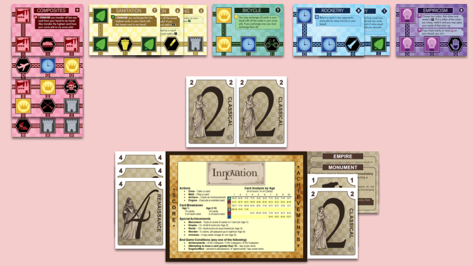 red cards: Construction, below Oars, below The Pirate Code, below Flight, below Composites, splayed up. yellow cards: Fermenting, below Vaccination, below Sanitation, splayed left. green cards: Bicycle, not splayed. blue cards: Pottery, below Rocketry, splayed left. purple cards: Empiricism, not splayed. hand: two 2s. score pile: three 4s. achievements: Empire, Monument, 1, 2