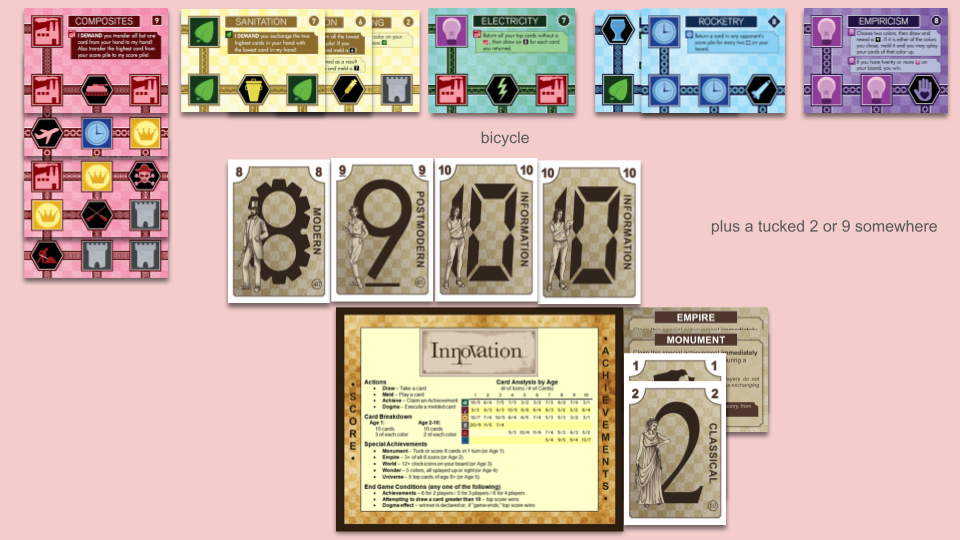 red cards: Construction, below Oars, below The Pirate Code, below Flight, below Composites, splayed up. yellow cards: Fermenting, below Vaccination, below Sanitation, splayed left. green cards: Bicycle, below Electricity, not splayed. blue cards: Pottery, below Rocketry, splayed right. purple cards: Empiricism, not splayed. also a tucked 2 or 9 somewhere. hand: two 10s, a 9, an 8. score pile: empty. achievements: Empire, Monument, 1, 2