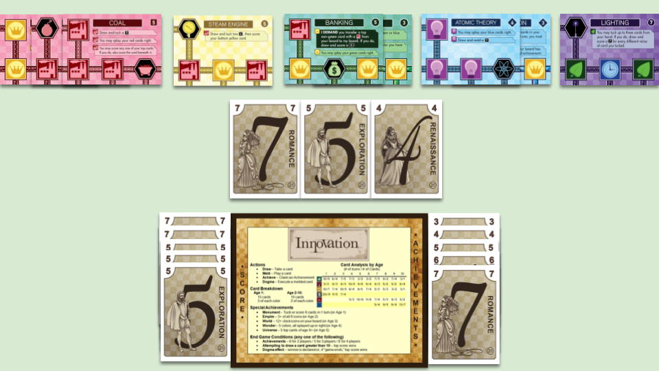 red cards: Combustion, below Explosives, below Coal, splayed right. yellow cards: Steam Engine, not splayed. green cards: Paper, below Banking, splayed left. blue cards: Translation, below Atomic Theory, splayed left. purple cards: Lighting, not splayed. hand: a 7, a 5, a 4. score: two 7s and three 5s. achievements: 3, 4, 5, 6, 7