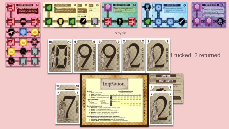 red cards: Construction, below Oars, below The Pirate Code, below Flight, below Composites, splayed up. yellow cards: Fermenting, below Vaccination, below Sanitation, splayed left. green cards: Bicycle, below Electricity, not splayed. blue cards: Pottery, below Rocketry, splayed right. purple cards: Empiricism, not splayed. also a tucked 2 or 9. hand: a 10, either a 2 or 9. score pile: a 10, a 7. achievements: Empire, Monument, 1, 2