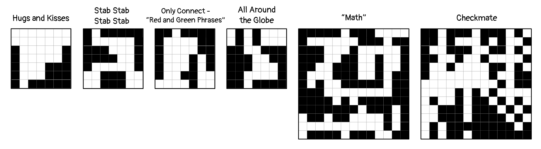 6 square grids, each labeled with the title of a feeder puzzle from the Strands subround. The cells in the grids are either filled black or unfilled.