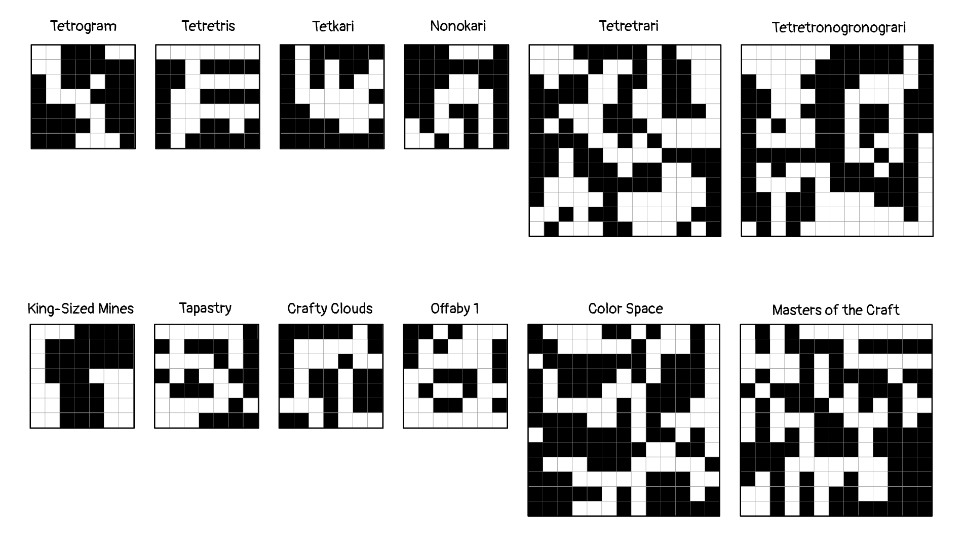 Two rows of 6 square grids each. Each grid is labeled with the title of a feeder puzzle from the Nonogram or Minesweeper subrounds. The cells in the grids are either filled black or unfilled.